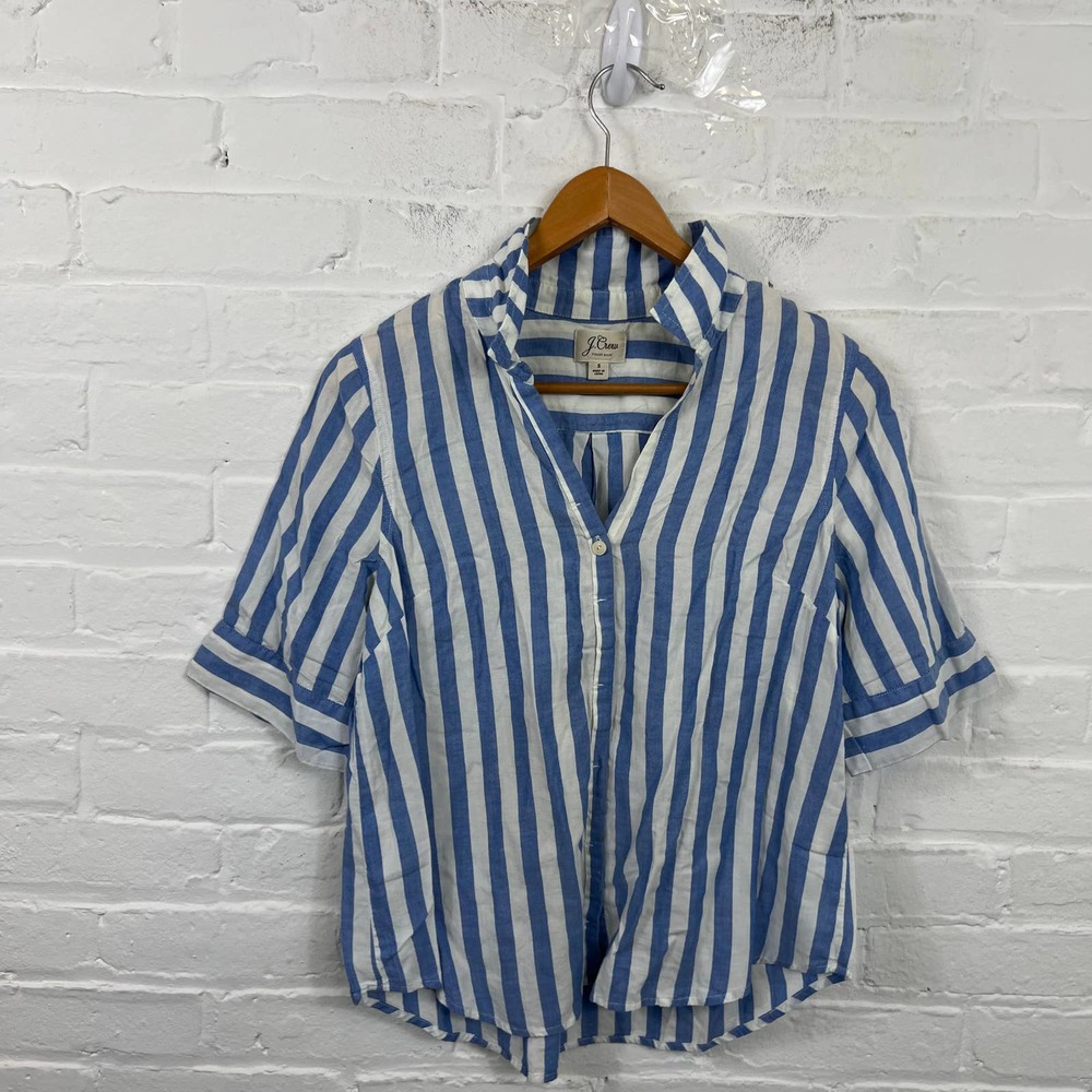 J. Crew Women's Striped Button Up Shirt Short Sleeve Blue White Size Small